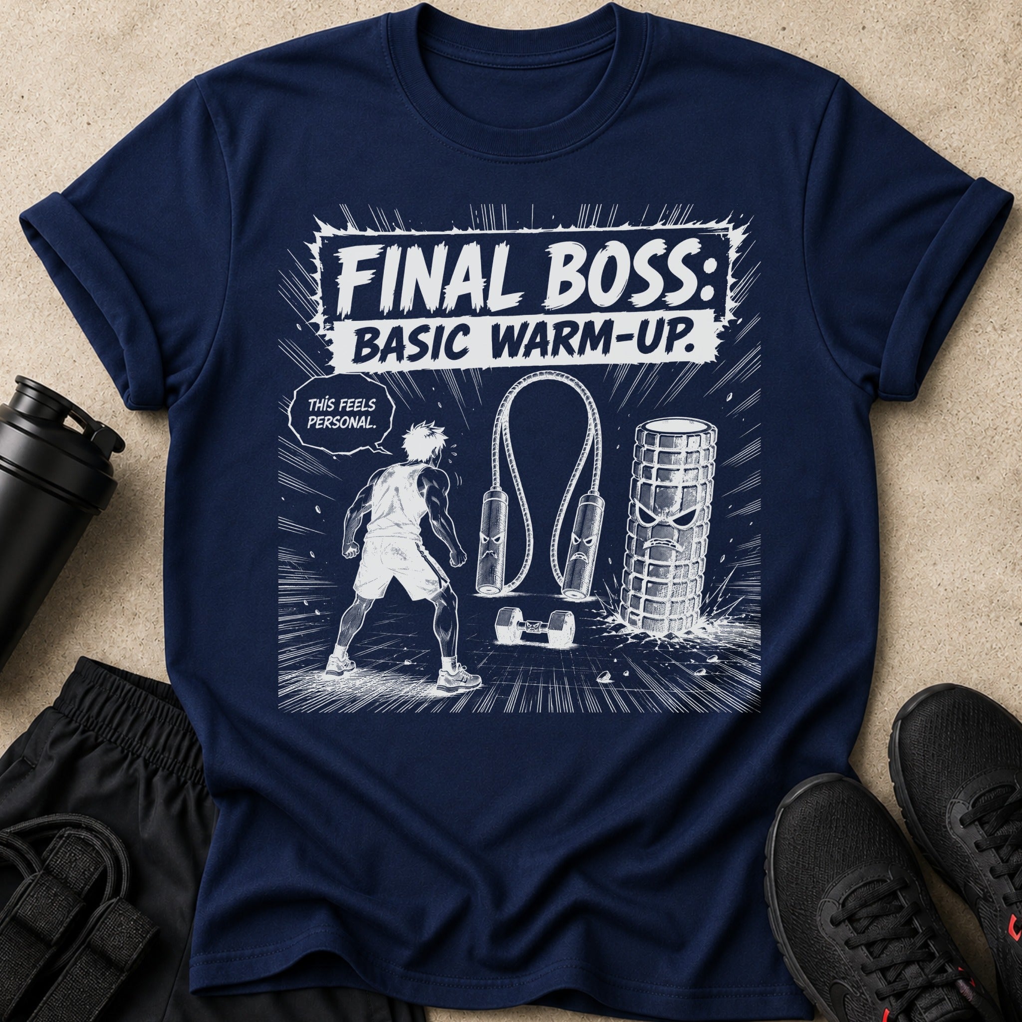 Navy t-shirt with anime-style graphic of a man facing a jump rope and weights.