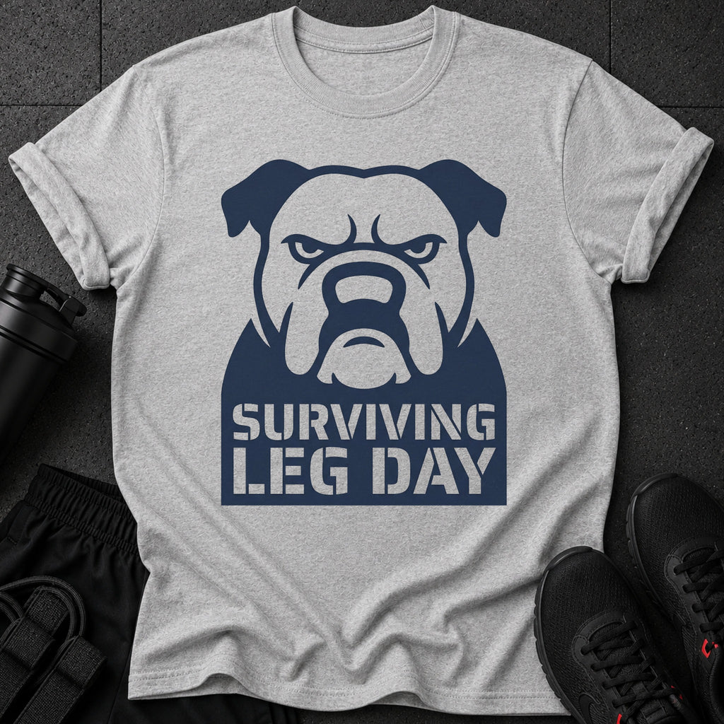 Grey t-shirt with navy bulldog graphic and text "SURVIVING LEG DAY".