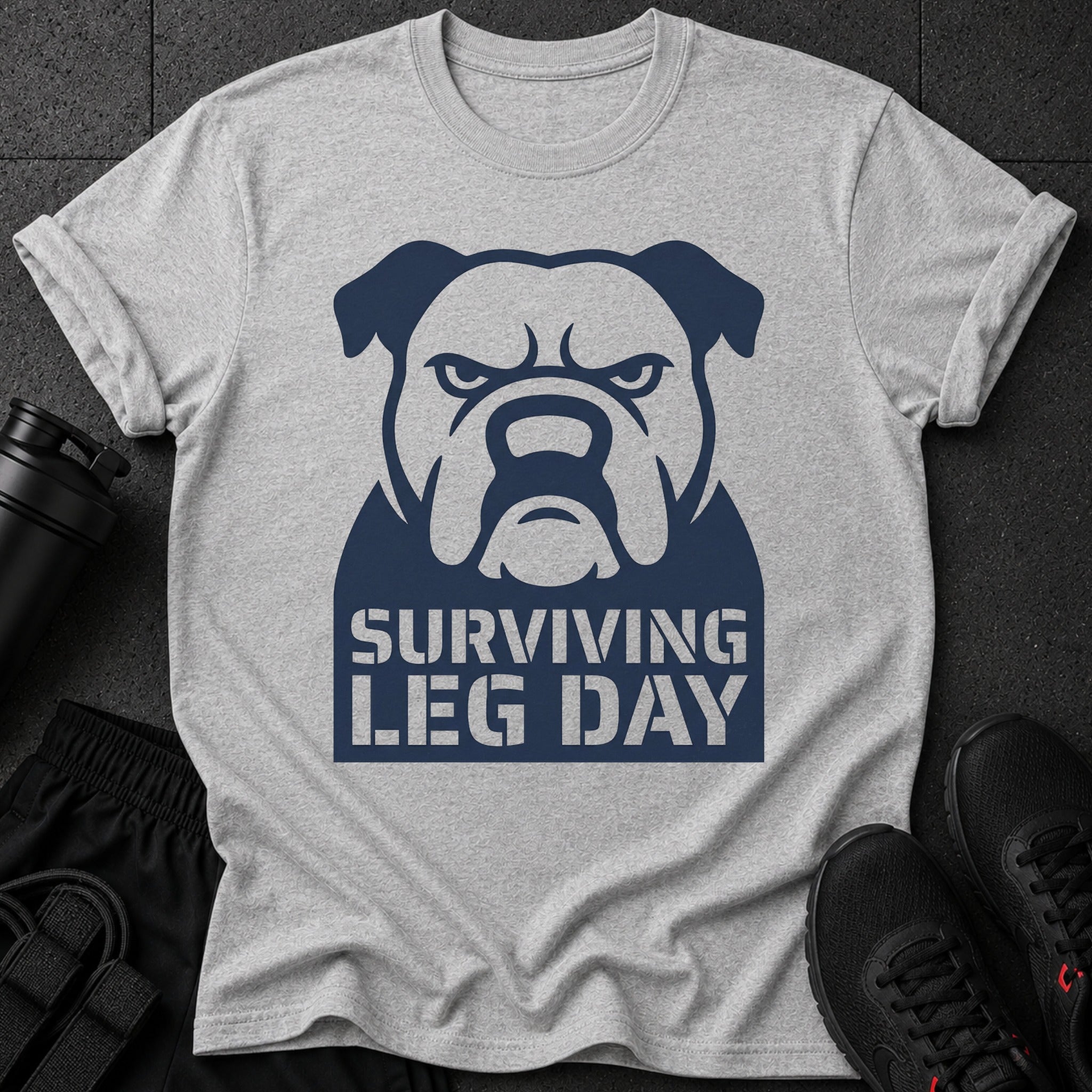 Grey t-shirt with navy bulldog graphic and text "SURVIVING LEG DAY".