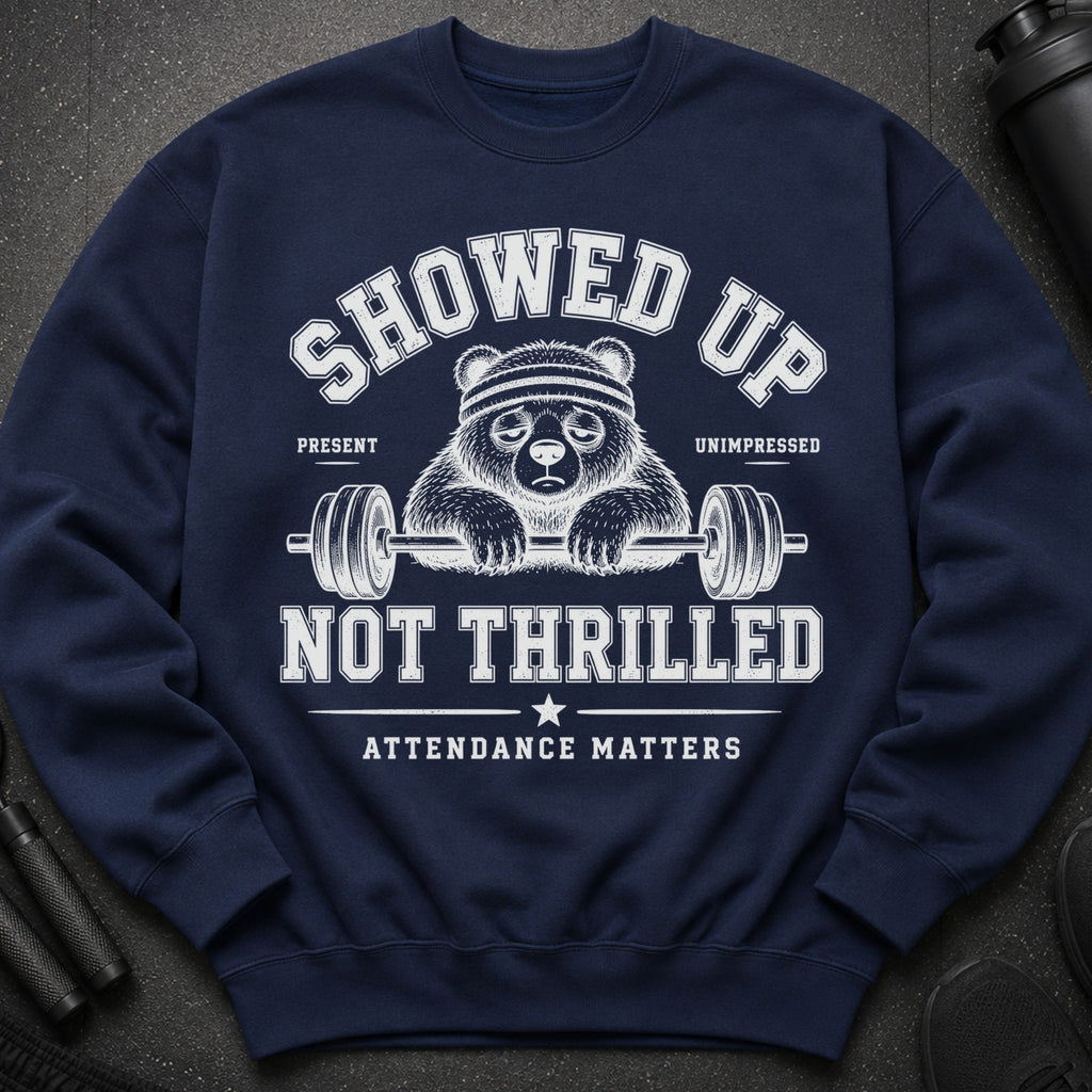 Navy sweatshirt with distressed graphic of a sad panda on a barbell.