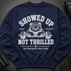 Navy sweatshirt with distressed graphic of a sad panda on a barbell.
