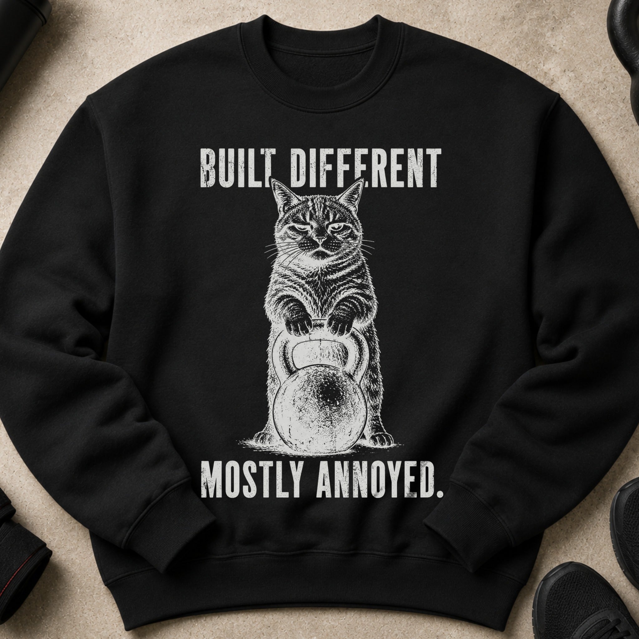 Black sweatshirt with a cat holding a kettlebell and text "BUILT DIFFERENT MOSTLY ANNOYED".