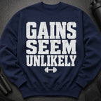 Navy sweatshirt with "Gains Seem Unlikely" and dumbbell graphic.