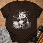 Panda wearing headband eating pizza from box, next to shaker and dumbbell.