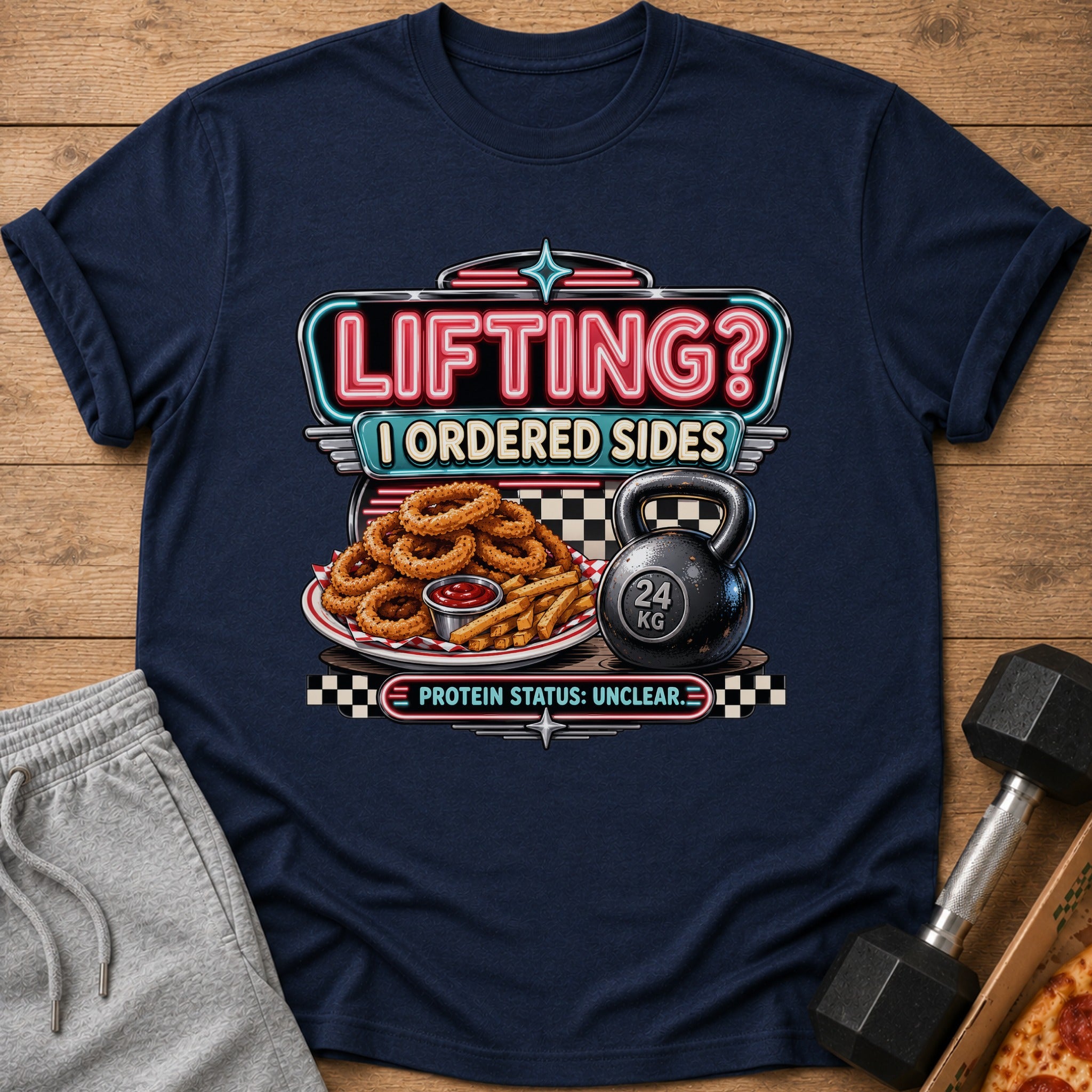 T-shirt graphic: "LIFTING? I ORDERED SIDES", onion rings, fries, ketchup, kettlebell, and text.