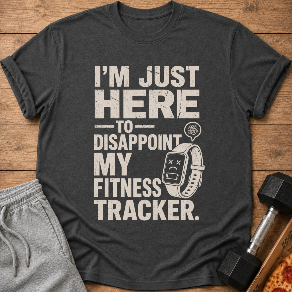 Dark grey t-shirt with text "I'M JUST HERE TO DISAPPOINT MY FITNESS TRACKER."