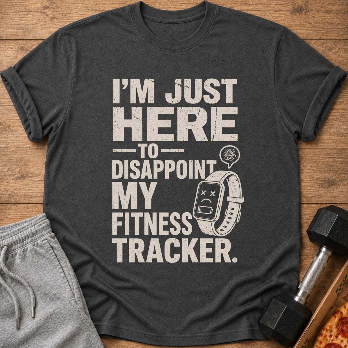 Dark grey t-shirt with text "I'M JUST HERE TO DISAPPOINT MY FITNESS TRACKER."