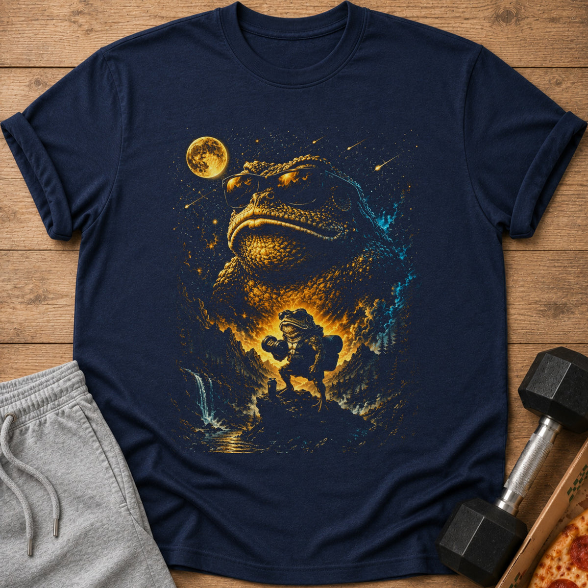T-shirt with a dark blue background featuring a cool toad wearing sunglasses and a small toad lifting weights.