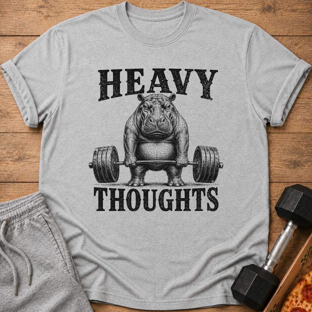 Grey t-shirt with black graphic of a hippo lifting a barbell, text HEAVY THOUGHTS.