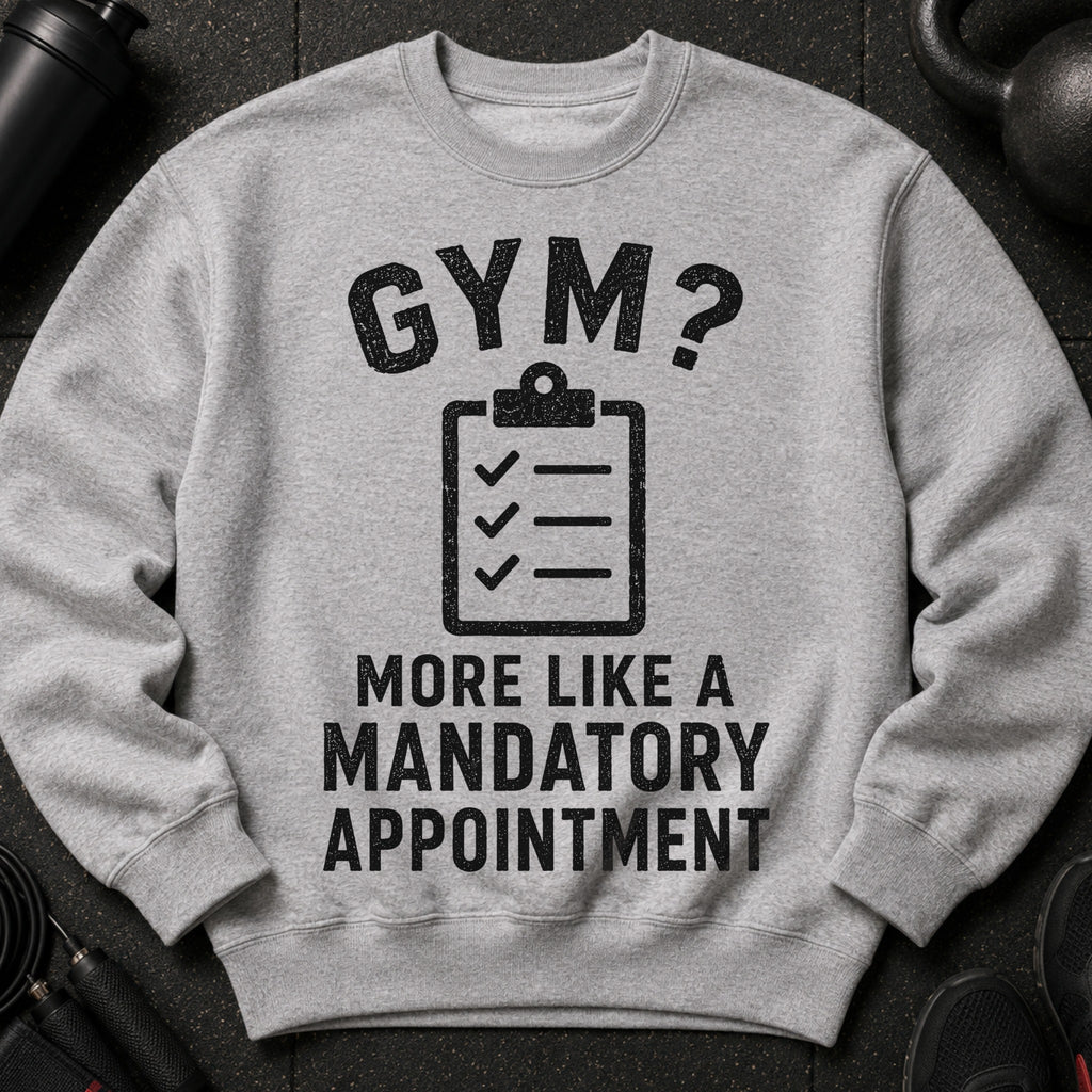 Grey sweatshirt with "GYM? MORE LIKE A MANDATORY APPOINTMENT" text and checklist graphic.