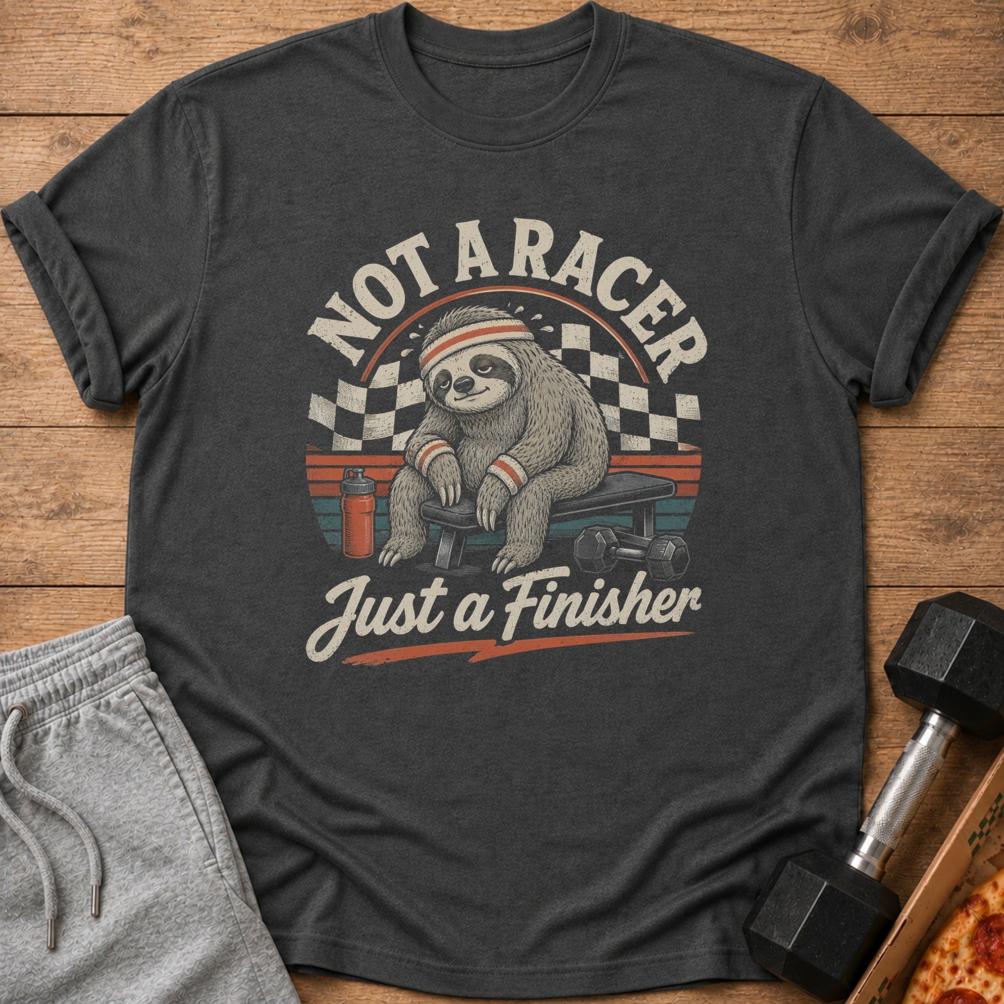 Dark grey t-shirt with a sloth graphic that reads "Not a Racer, Just a Finisher."