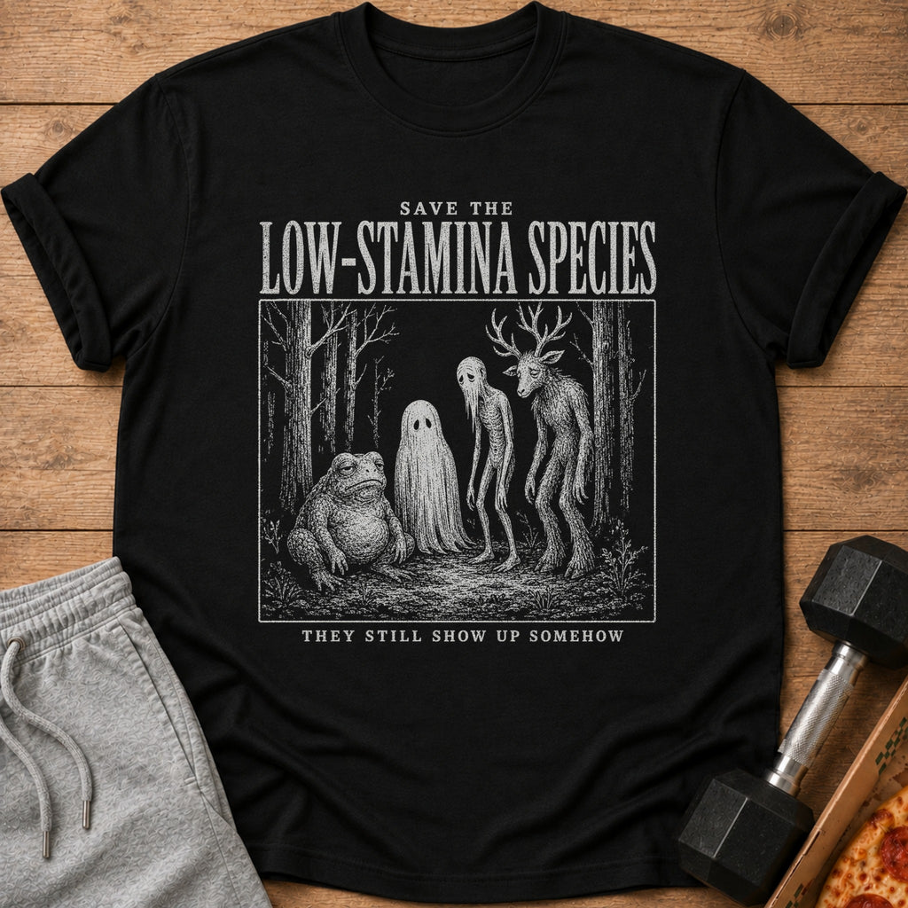 Black t-shirt with "Save the Low-Stamina Species" and forest creatures.