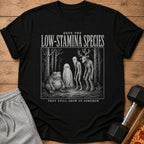 Black t-shirt with "Save the Low-Stamina Species" and forest creatures.