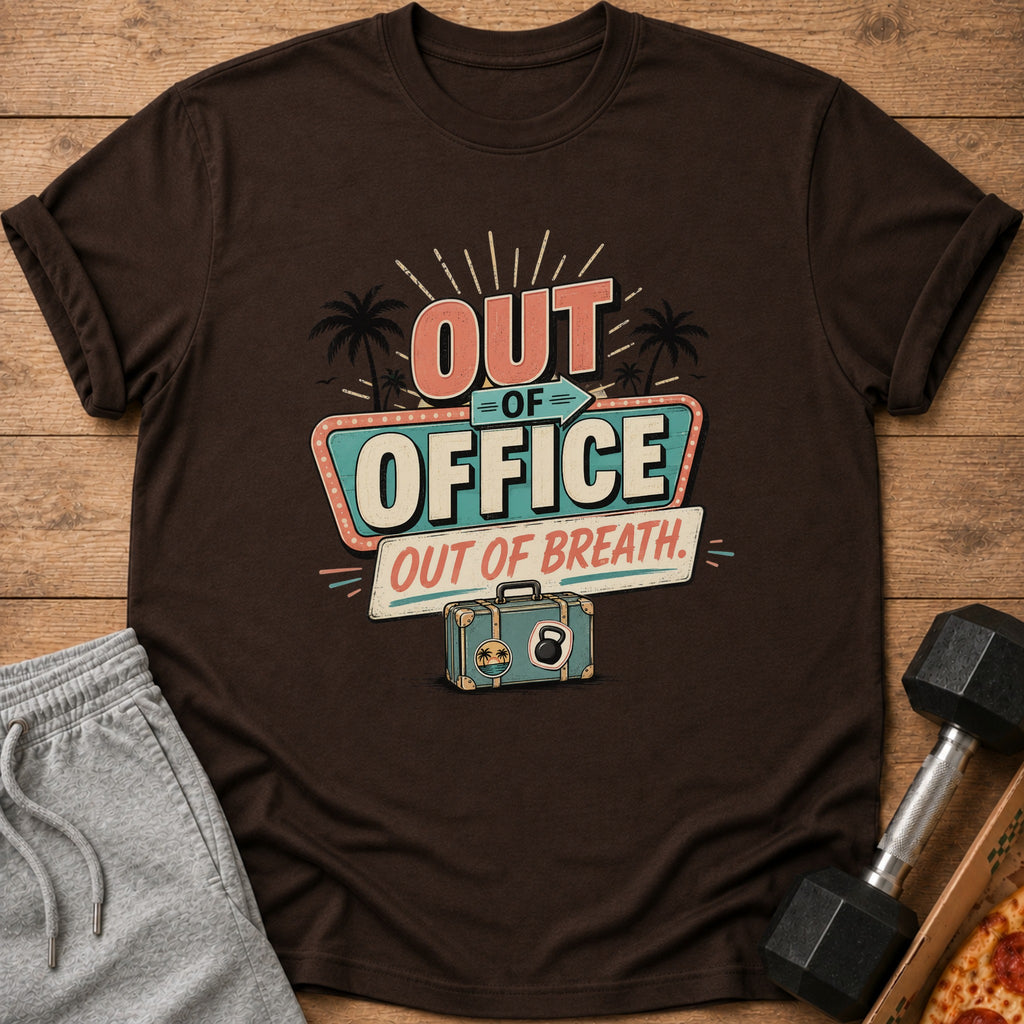 Brown t-shirt with retro "Out of Office Out of Breath" graphic and suitcase.