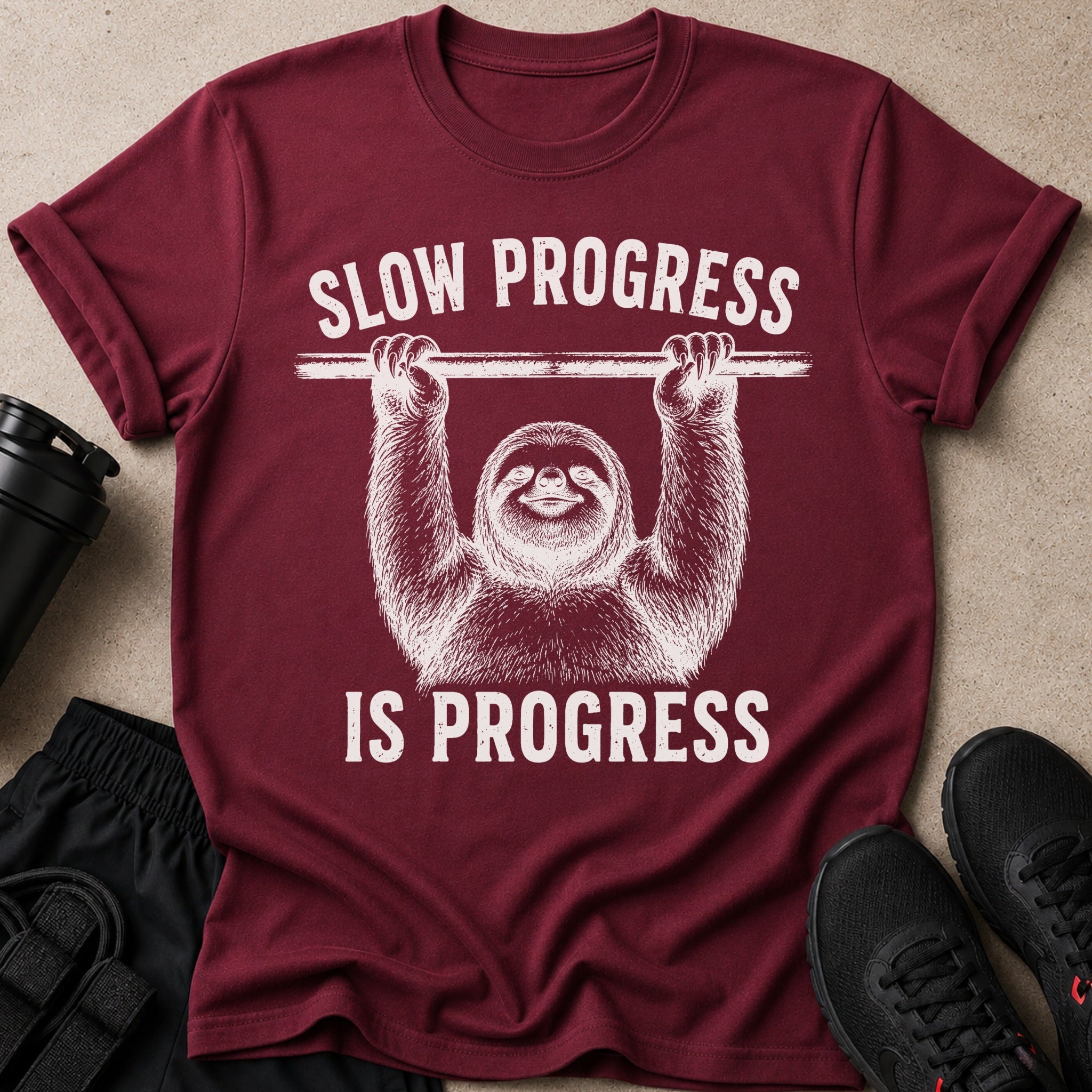 Maroon t-shirt with a sloth doing pull-ups and text "SLOW PROGRESS IS PROGRESS".