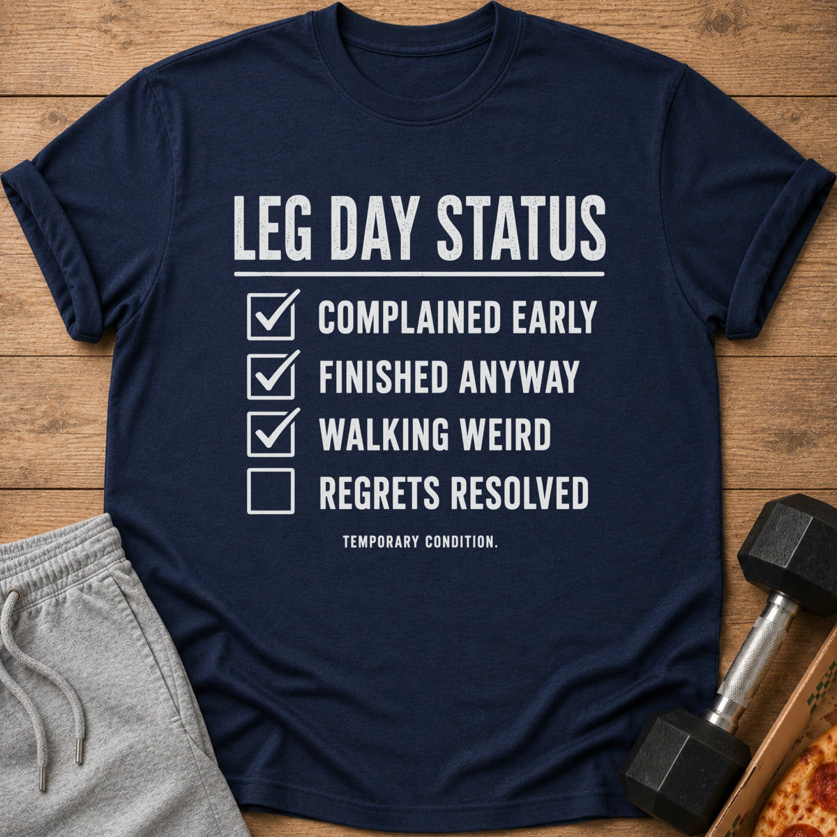 Navy t-shirt with "Leg Day Status" checklist and a dumbbell.