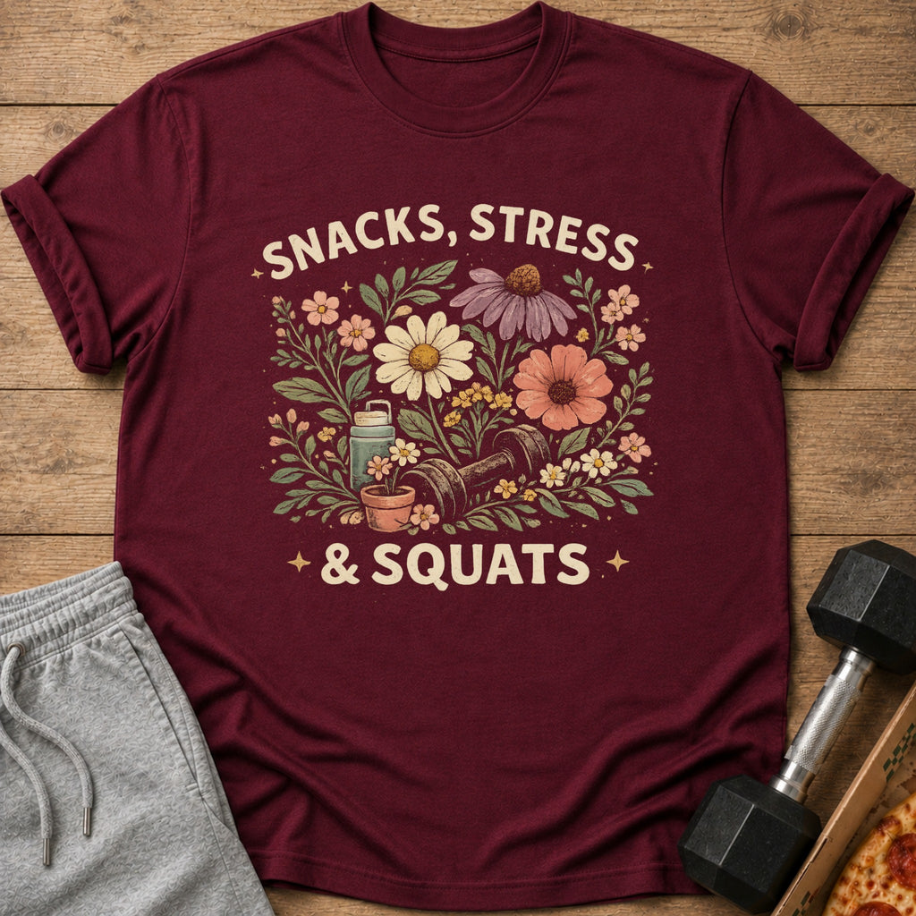 Maroon t-shirt with "Snacks, Stress, & Squats" floral graphic.