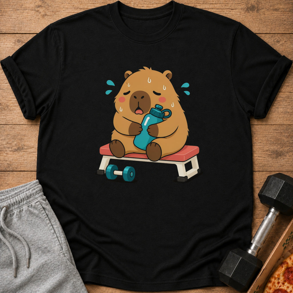 Cute capybara sitting on weight bench holding water bottle, sweat drops and dumbbells.