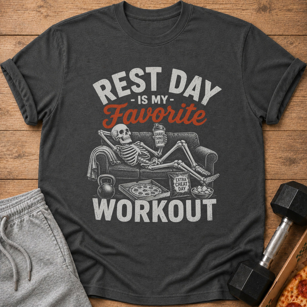 Dark grey t-shirt with "Rest Day is my Favorite Workout" graphic of a skeleton lounging.