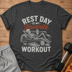 Dark grey t-shirt with "Rest Day is my Favorite Workout" graphic of a skeleton lounging.