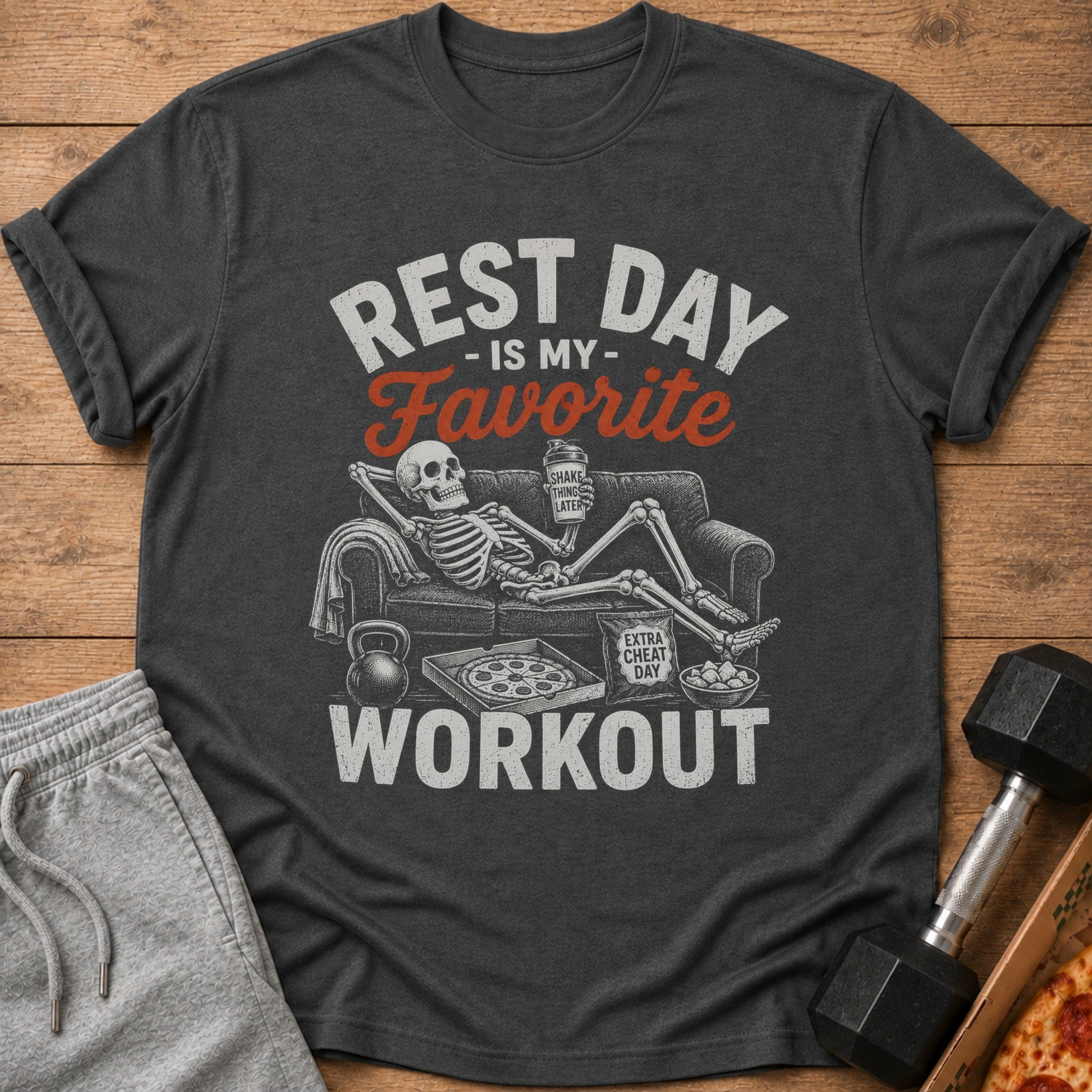 Dark grey t-shirt with "Rest Day is my Favorite Workout" graphic of a skeleton lounging.
