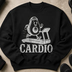 Black sweatshirt with white graphic of avocado running on treadmill with text "CARDIO".