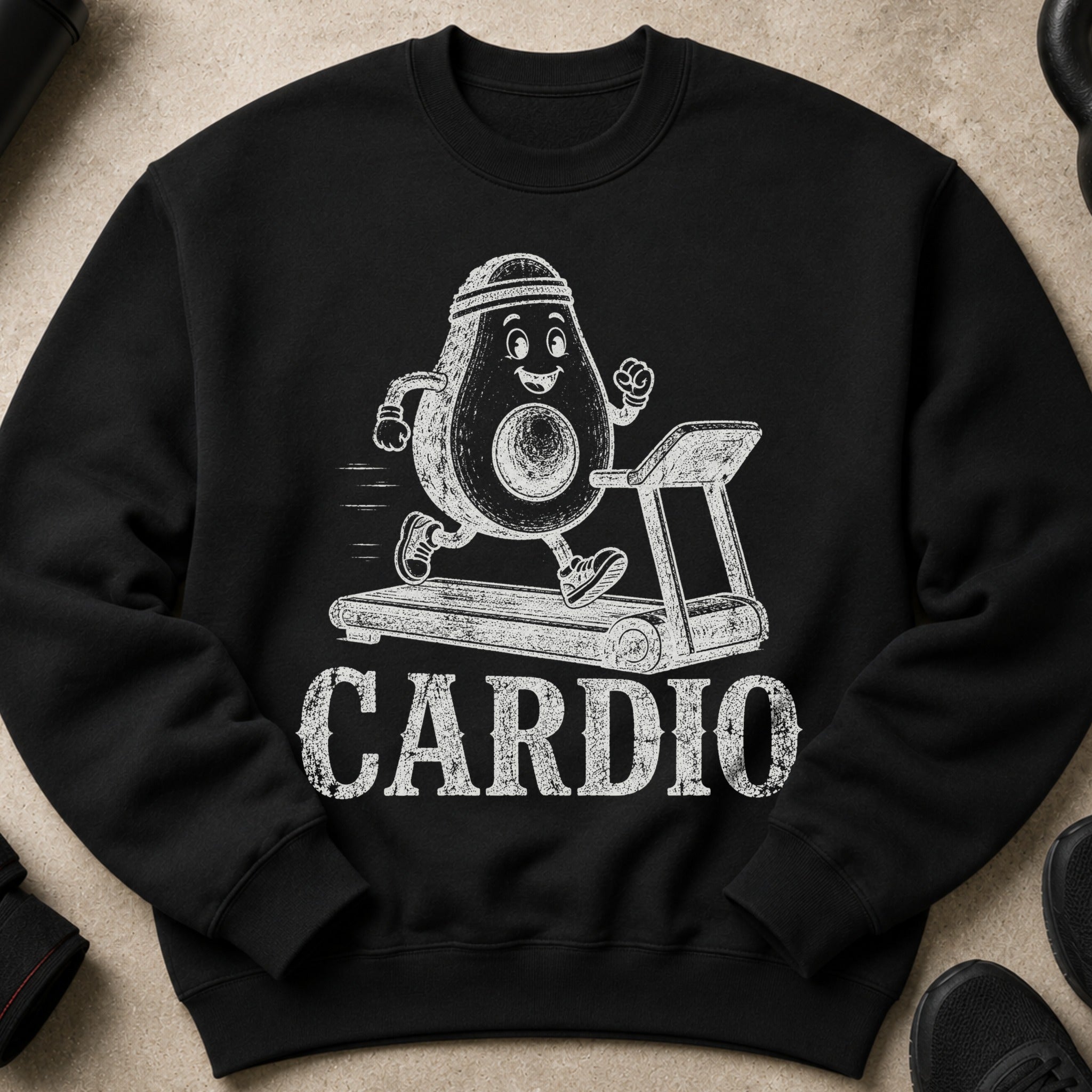 Black sweatshirt with white graphic of avocado running on treadmill with text "CARDIO".