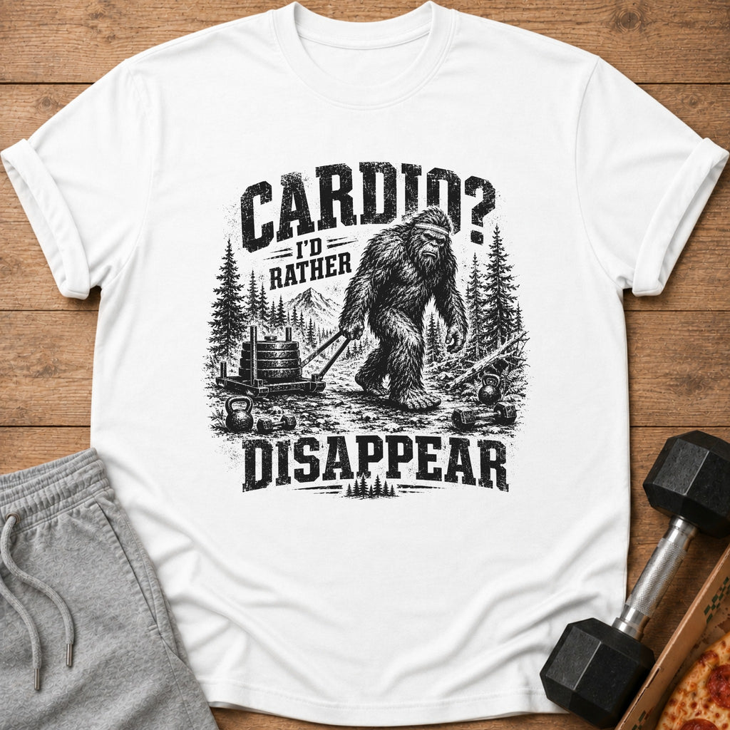 Bigfoot pulls weight plates with text "Cardio? I'd rather disappear."