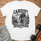 Bigfoot pulls weight plates with text "Cardio? I'd rather disappear."