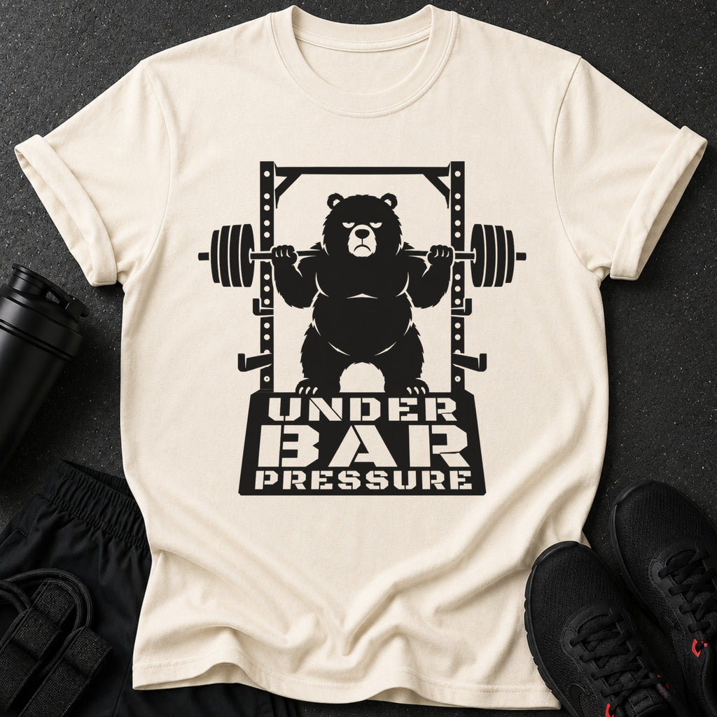 T-shirt features a black graphic of a bear lifting weights with text "UNDER BAR PRESSURE".