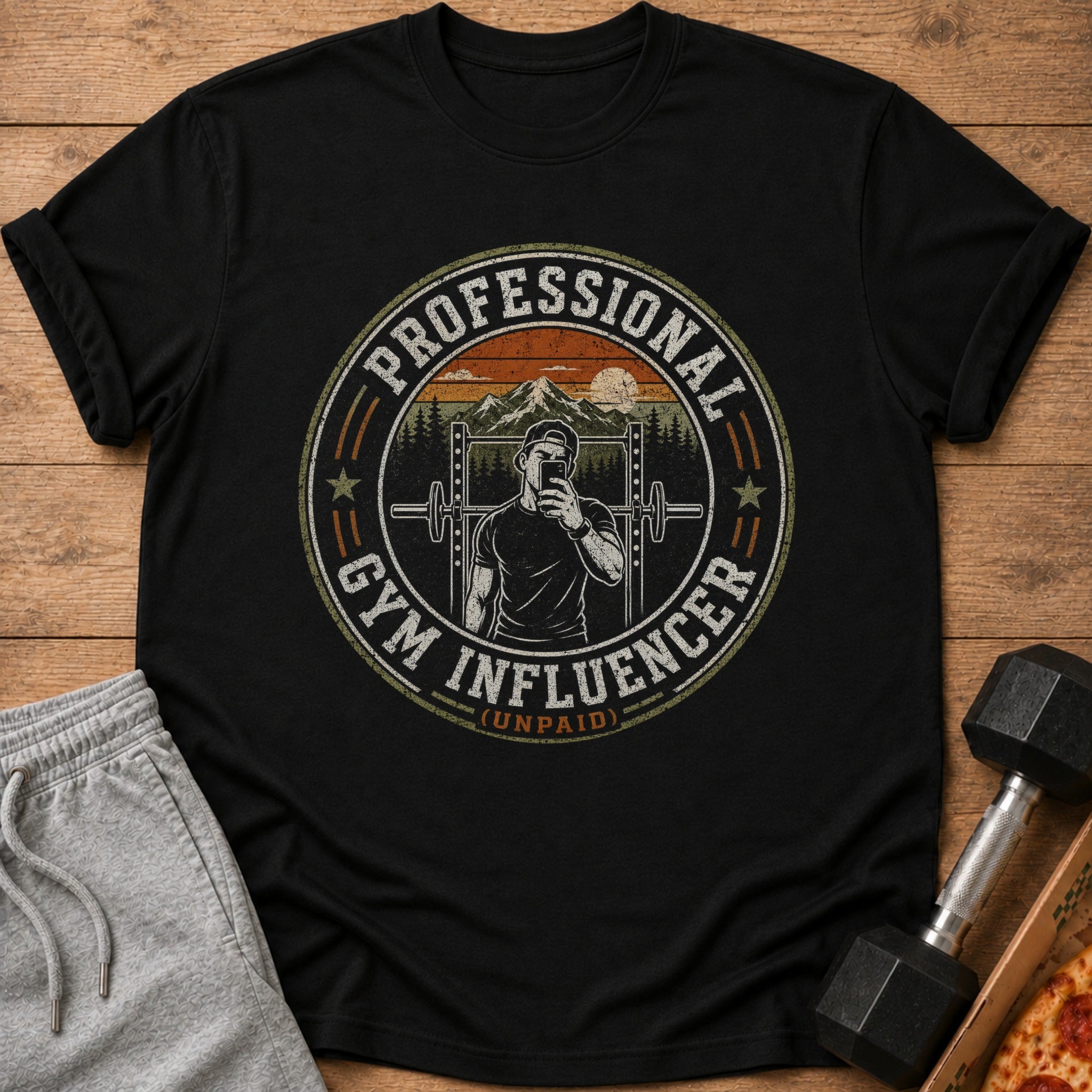 Black t-shirt with "Professional Gym Influencer (Unpaid)" graphic and gym scene.