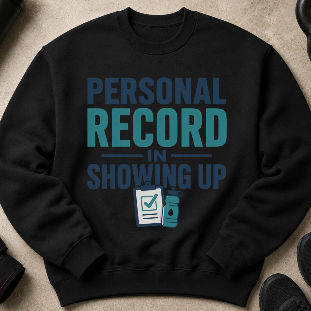 Black sweatshirt with "PERSONAL RECORD IN SHOWING UP" graphic.