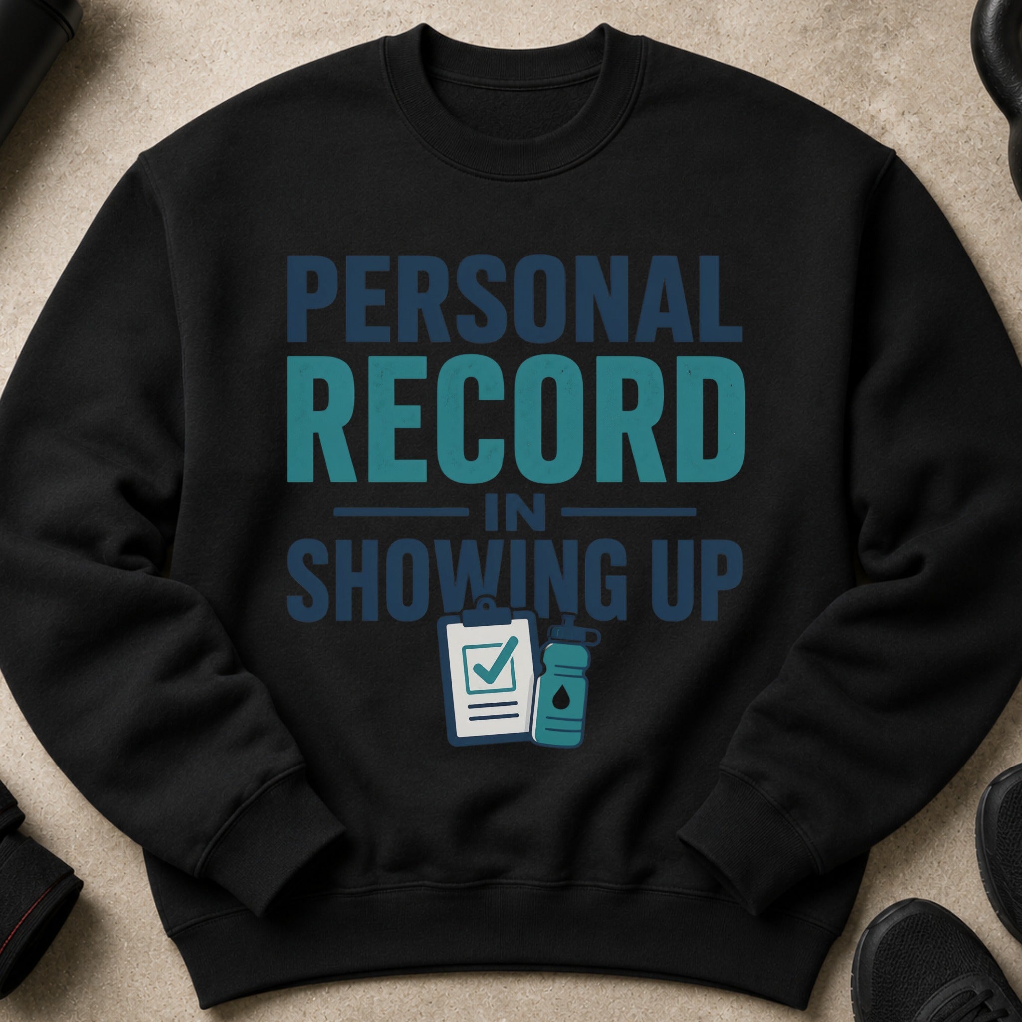 Black sweatshirt with "PERSONAL RECORD IN SHOWING UP" graphic.