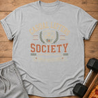 Gray t-shirt with "CASUAL LIFTERS SOCIETY" text and vintage gym graphic.