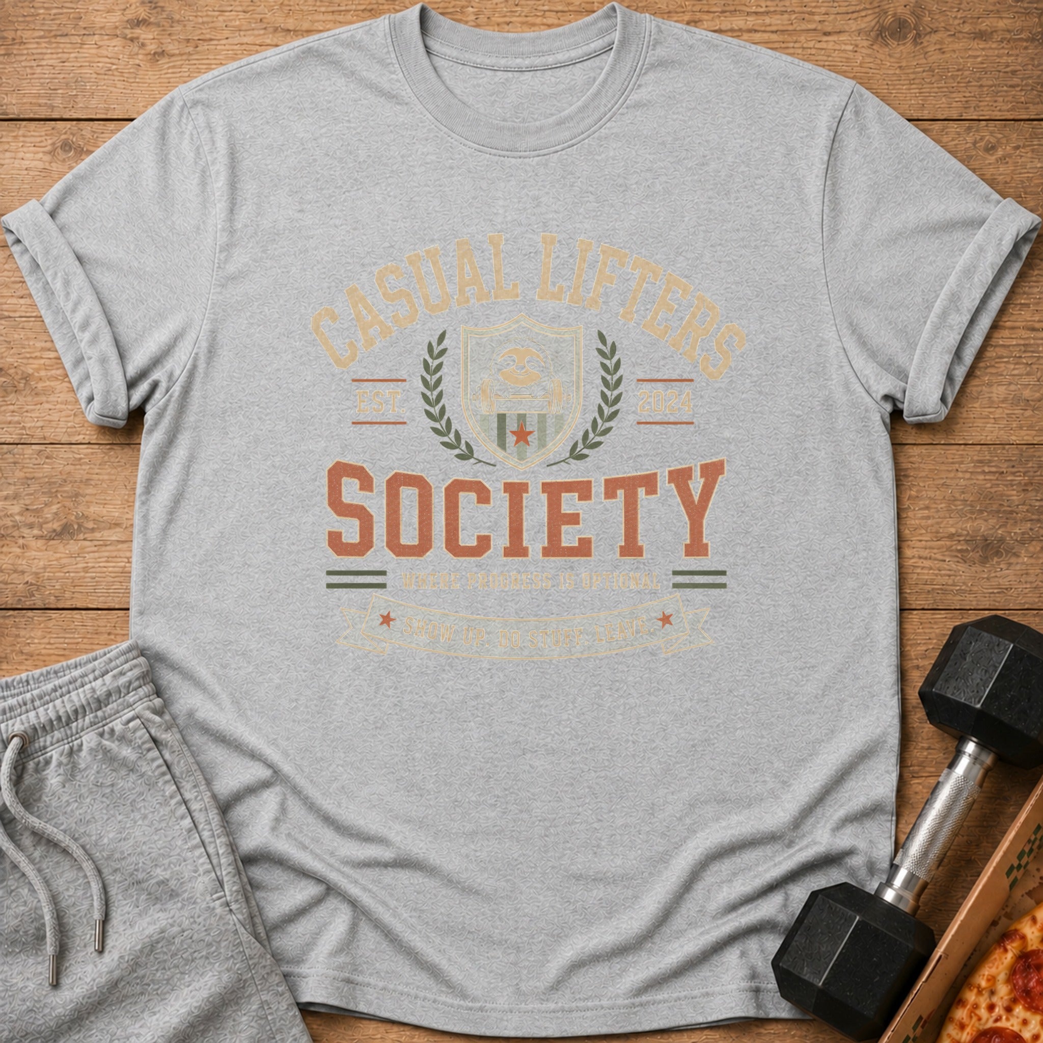 Gray t-shirt with "CASUAL LIFTERS SOCIETY" text and vintage gym graphic.