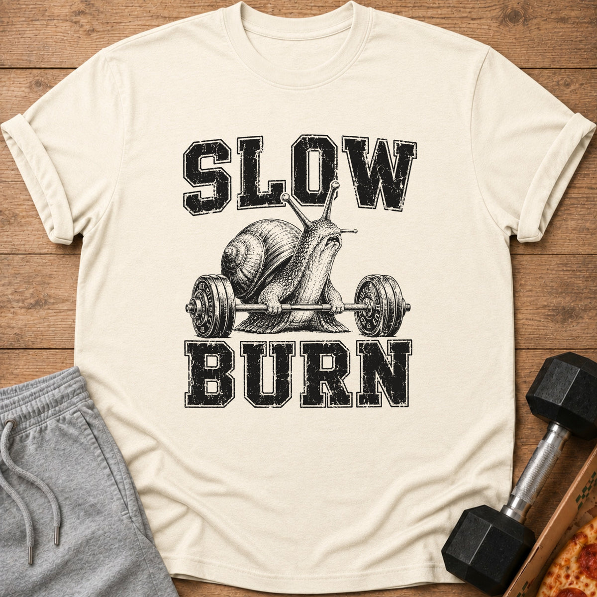 Snail lifting barbell with text "SLOW BURN"