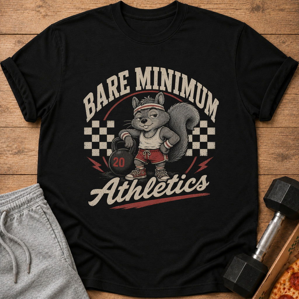 Black t-shirt with cartoon squirrel in gym clothes and text "BARE MINIMUM Athletics".