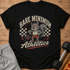 Black t-shirt with cartoon squirrel in gym clothes and text "BARE MINIMUM Athletics".