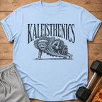 Light blue t-shirt with black "KALEISTHENICS" text and drawing of kale doing a push-up.