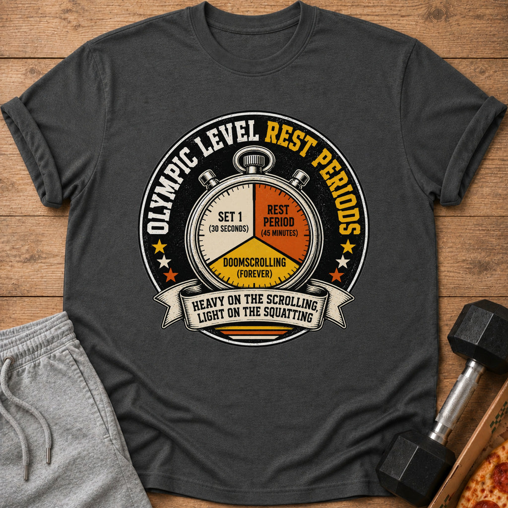 Graphic t-shirt with stopwatch design and text "Olympic Level Rest Periods".