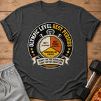 Graphic t-shirt with stopwatch design and text "Olympic Level Rest Periods".