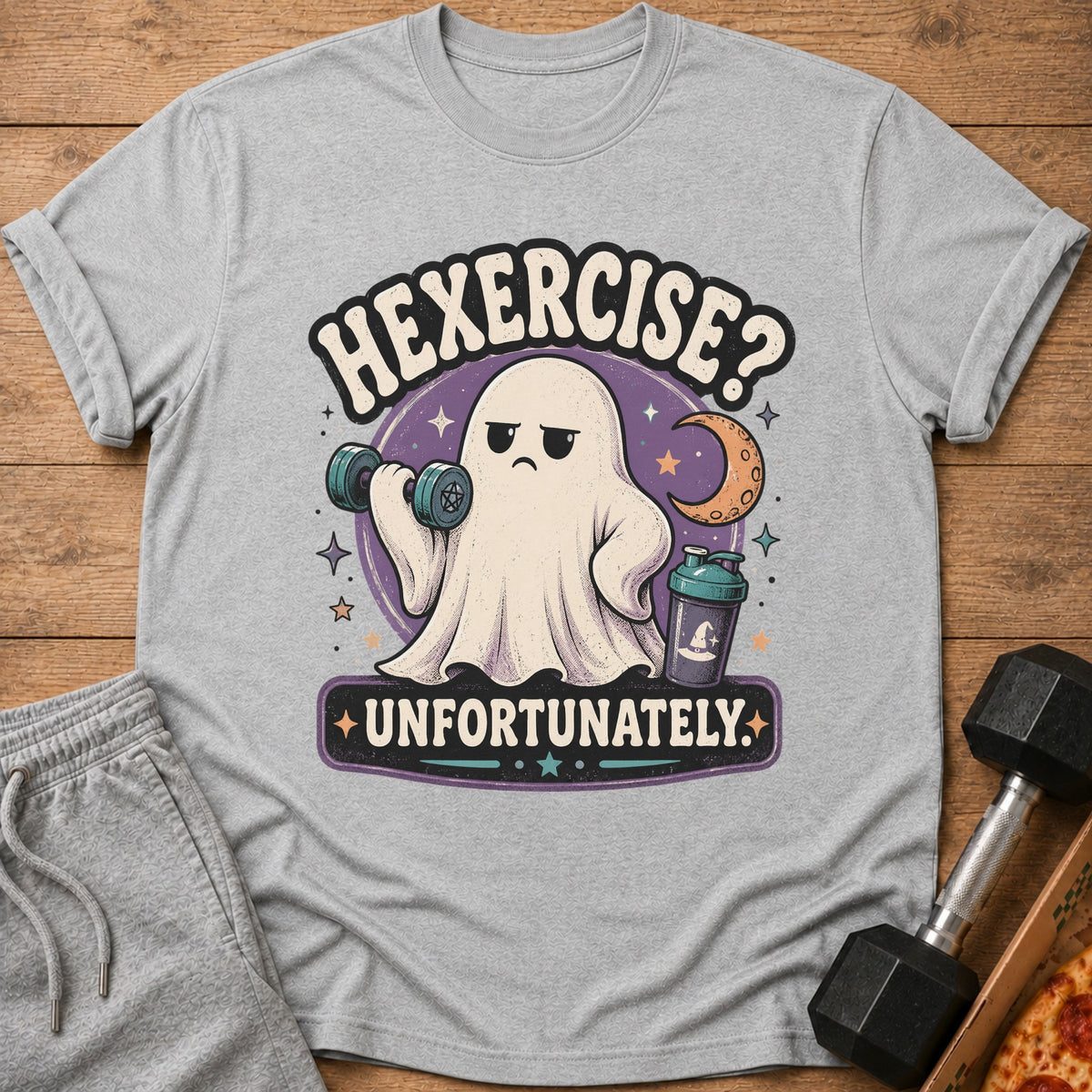 Ghost lifting dumbbell with text "Hexercise? Unfortunately."