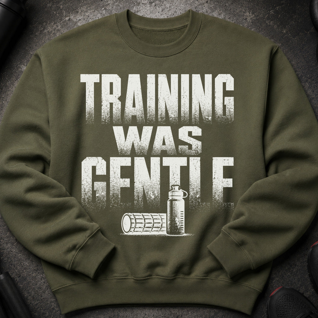 Green sweatshirt with white text "TRAINING WAS GENTLE" and gym illustration.