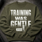 Green sweatshirt with white text "TRAINING WAS GENTLE" and gym illustration.