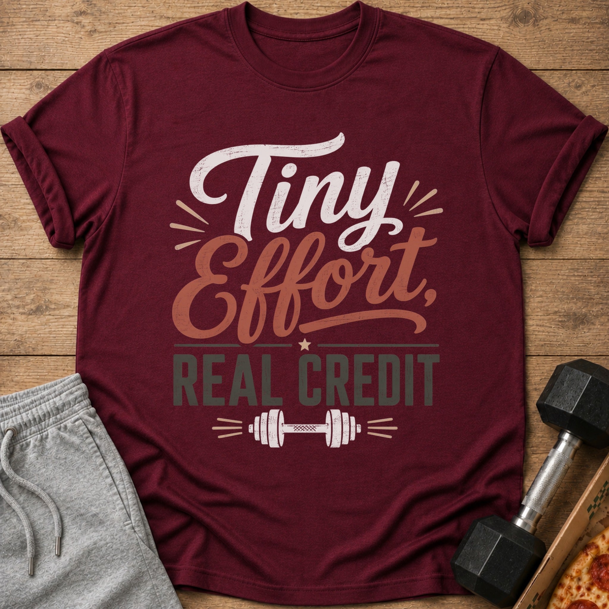 Maroon t-shirt with "Tiny Effort, REAL CREDIT" text and dumbbell graphic.