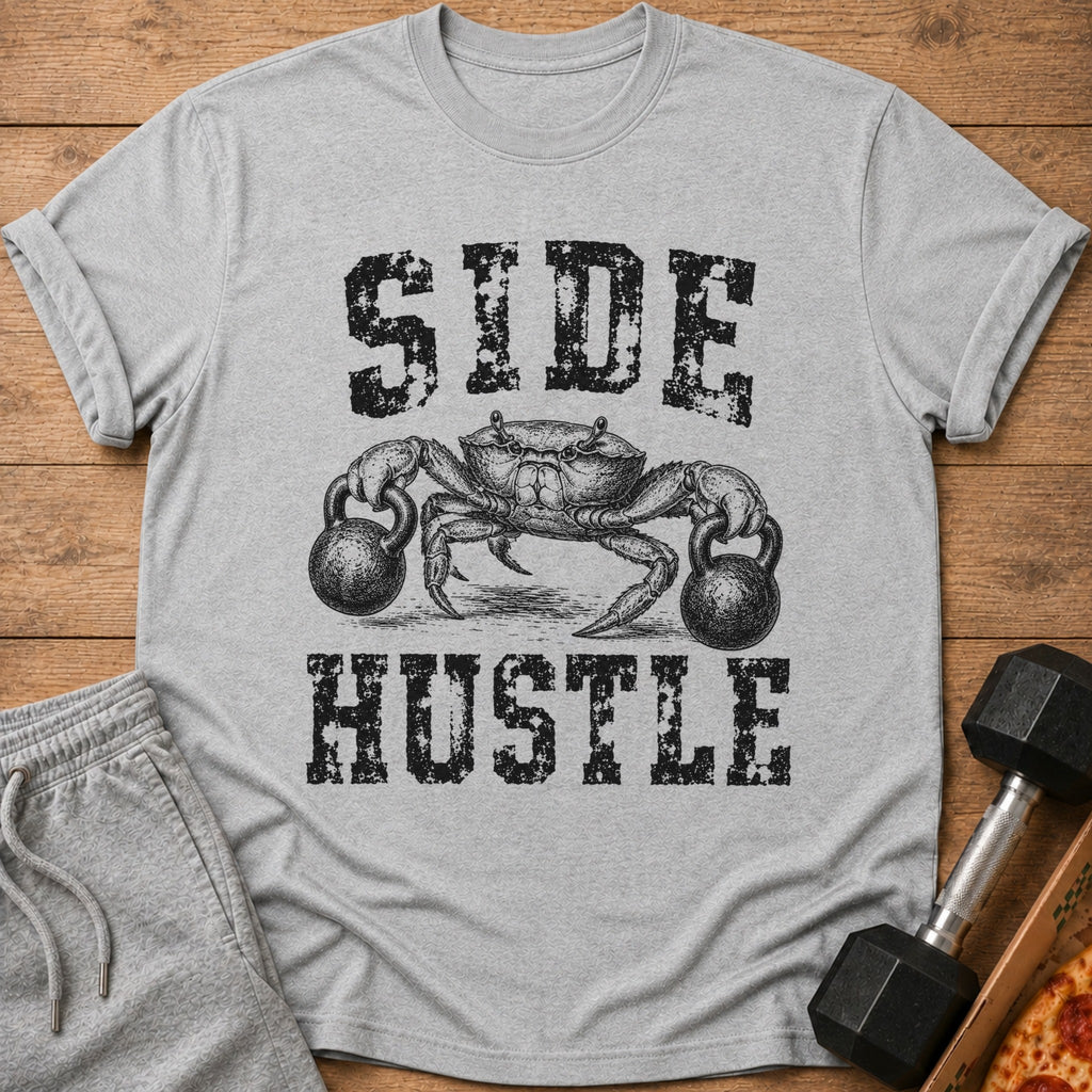 Grey t-shirt with distressed black text "SIDE HUSTLE" and a crab lifting kettlebells.