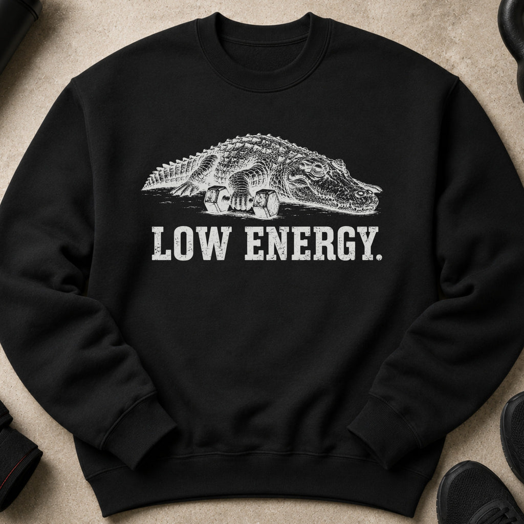 Black sweatshirt with a detailed illustration of an alligator with dumbbells, text reads "LOW ENERGY."