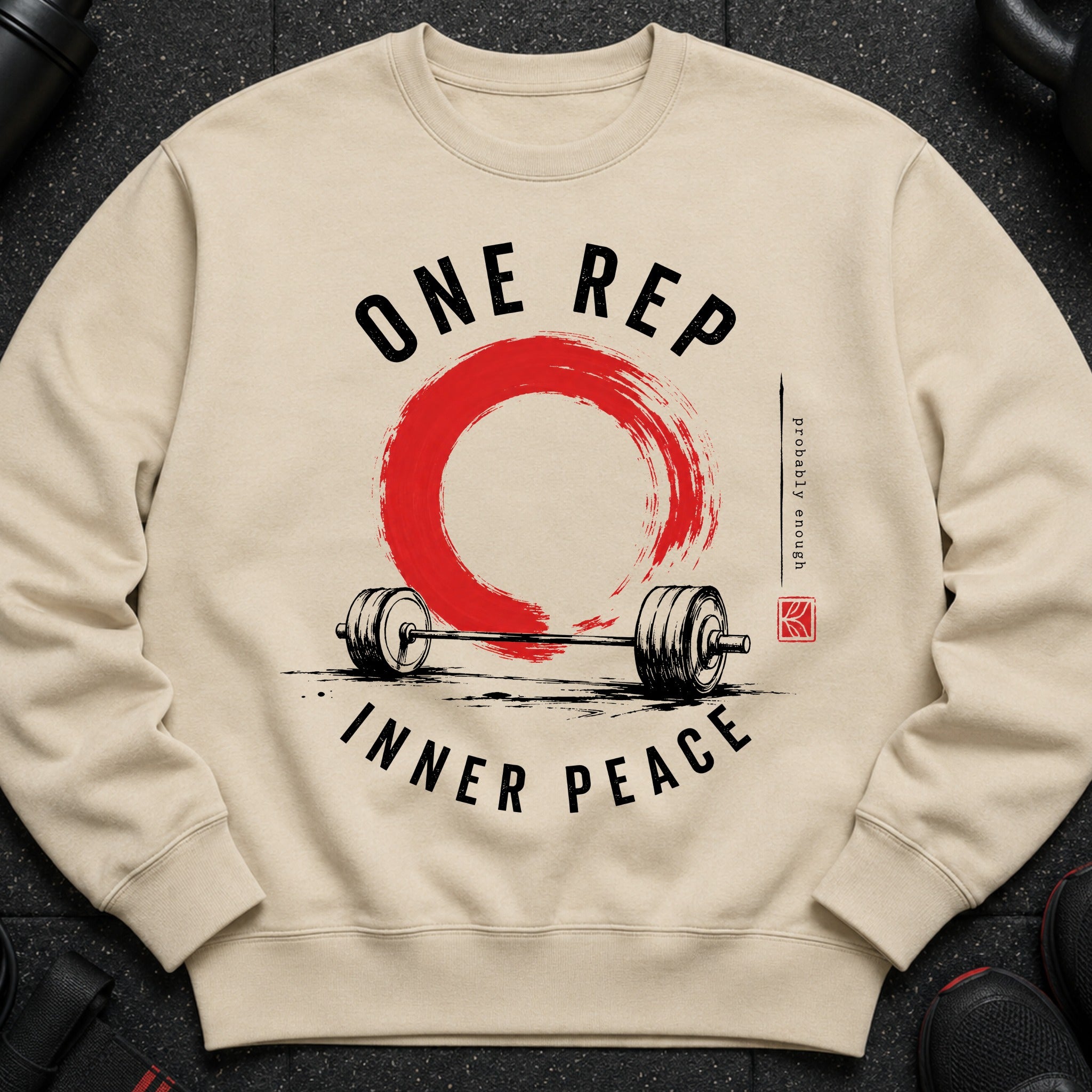 Light beige sweatshirt with "ONE REP INNER PEACE" text and barbell graphic.