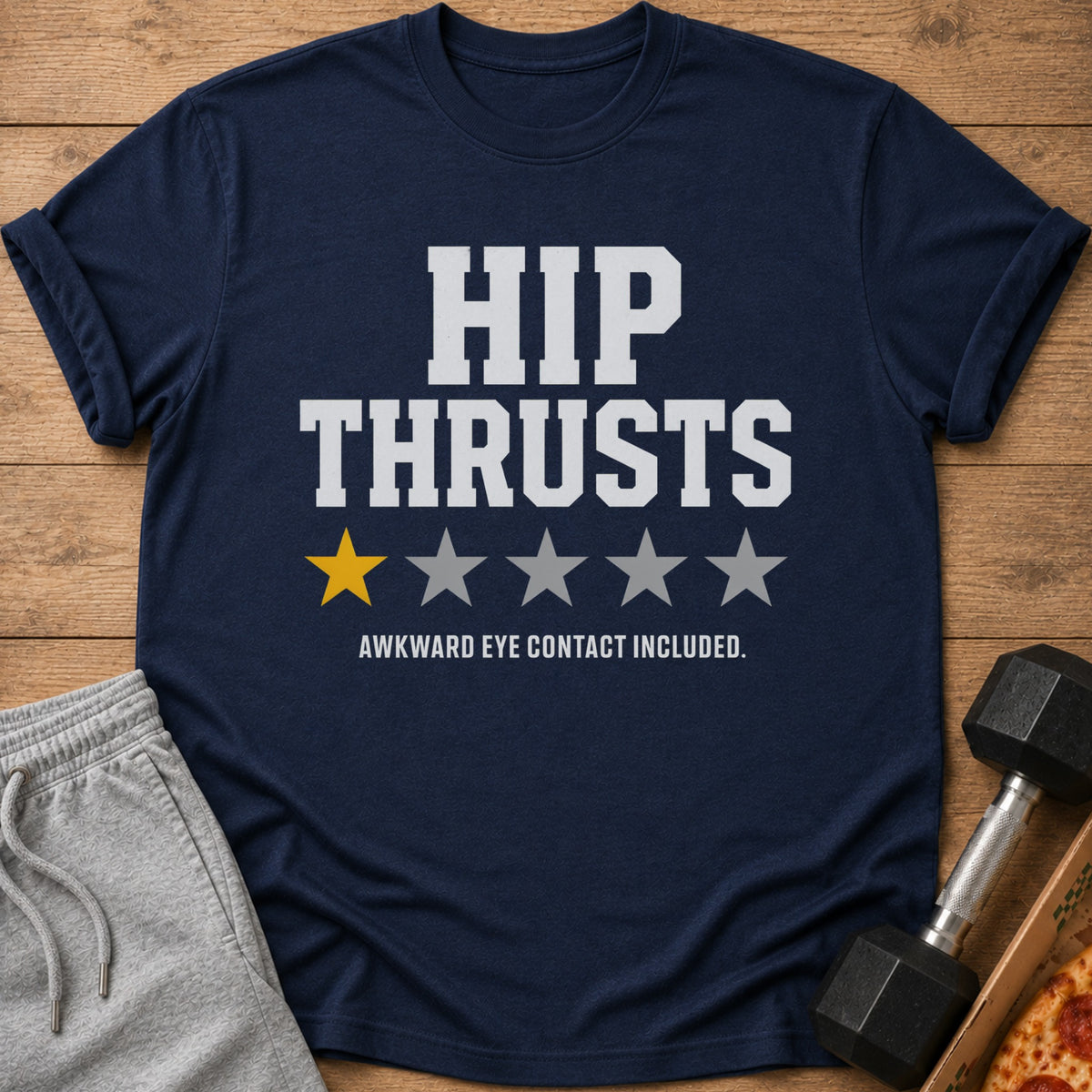 Navy t-shirt with "HIP THRUSTS" and one yellow star among gray stars.