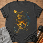 Dark t-shirt with a graphic of a large toad wearing sunglasses and a small toad with a backpack.